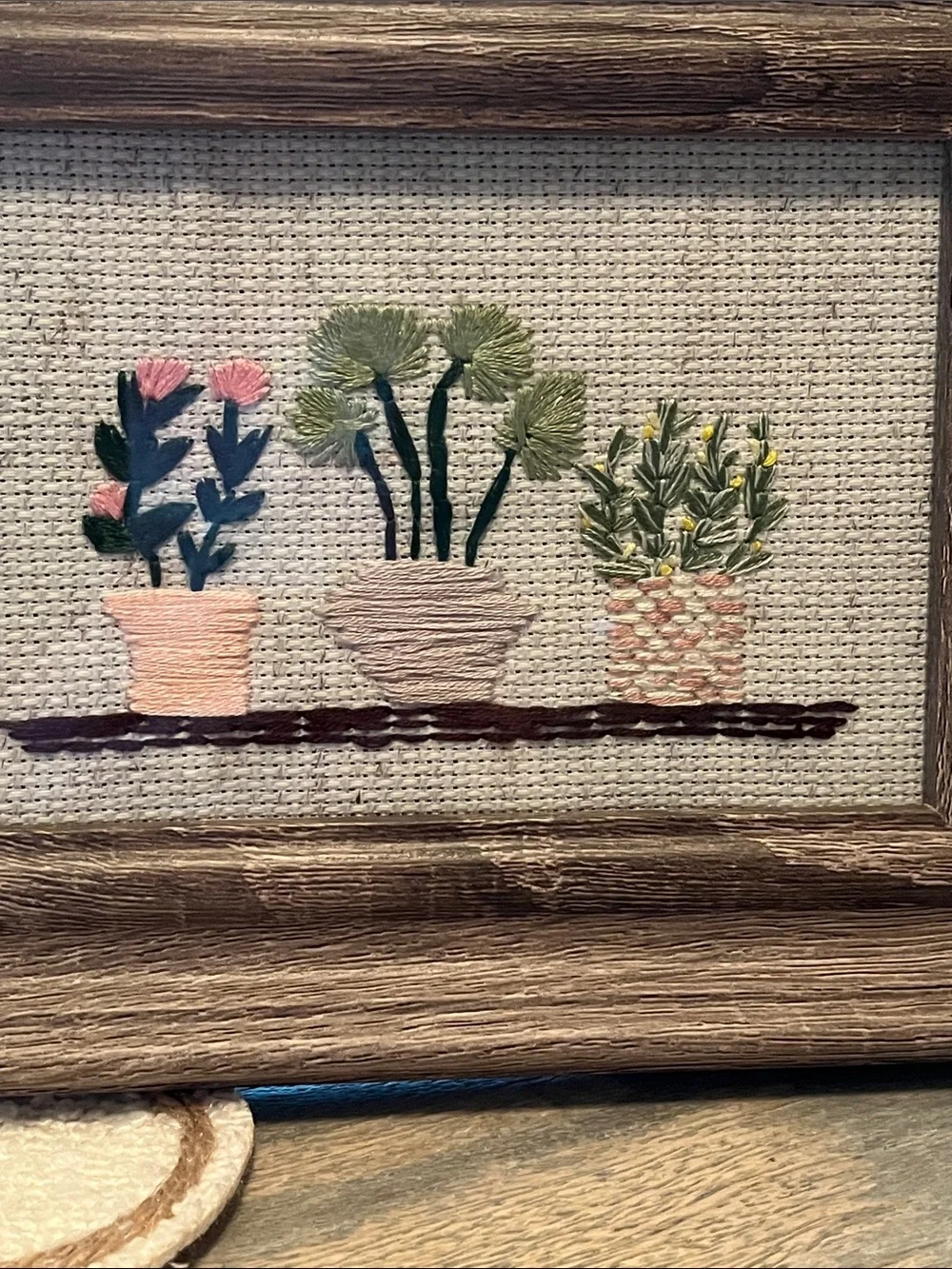Rustic Brown Framed Embroidered Plant Art - Brown